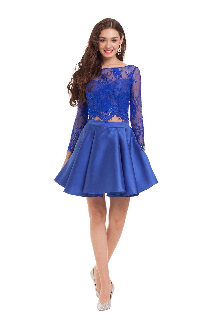 Two Pieces Homecoming Dresses Satin & Lace Long Sleeve Short/Mini