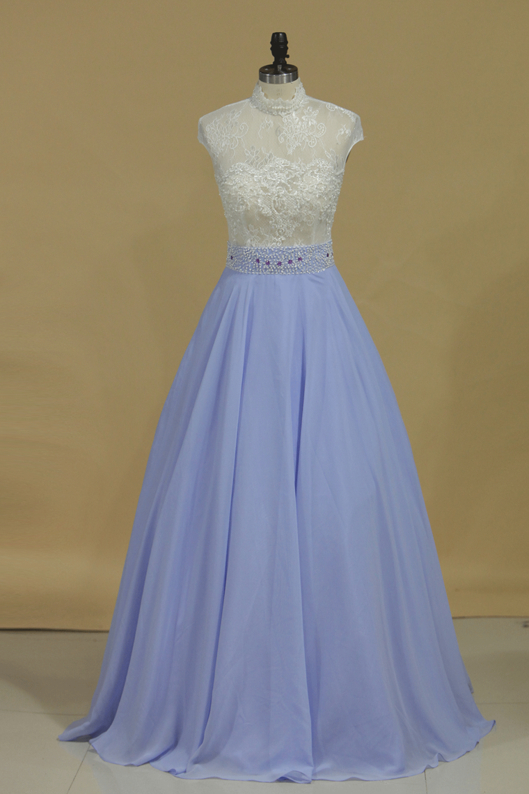 High Neck A Line Prom Dresses Chiffon With Applique And Beading Floor Length