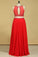 Red Scoop Two Pieces A Line Prom Dresses Beaded Bodice Open Back Chiffon & Tulle