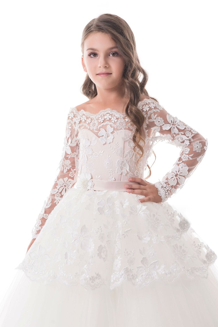 Tulle Boat Neck Flower Girl Dresses A Line Long Sleeves With Applique