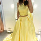 2 Pieces Long A-Line Yellow Satin Simple Cheap Prom Dresses With Pockets