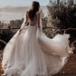 A Line Long Sleeves Ivory V Neck Beach Wedding Dresses with Lace Appliques, Bridal Dresses SJS15491