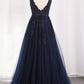 A Line V Neck Tulle Open Back Prom Dresses With Applique