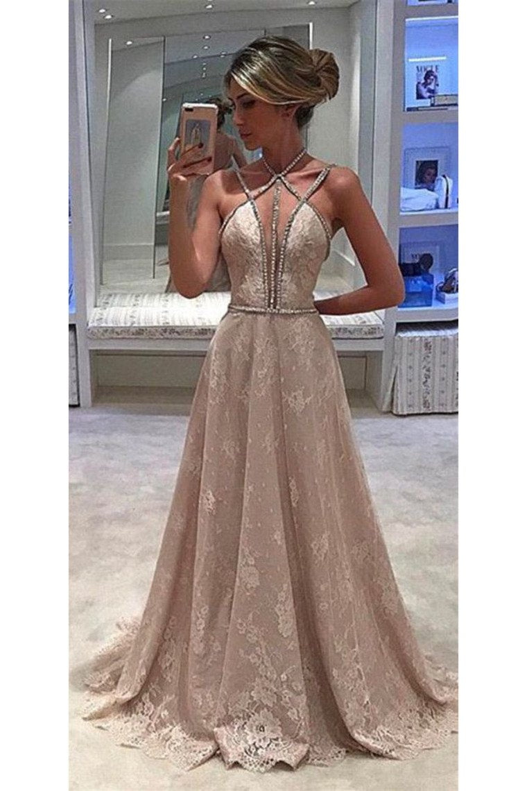 A Line Spaghetti Straps Lace With Beading Sweep Train Prom Dresses