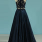 2024 New Prom Dresses A-Line Scoop Floor-Length Lace And Satin With Side Pockets