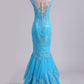 Mermaid Evening Dresses Bateau Tulle With Applique Sweep Train