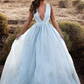 Tulle Prom Dresses A Line V Neck With Applique And Beads Sweep Train