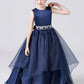 Navy Blue Stain Sleeveless Floor Length Flower Girl Dresses