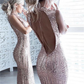 Sparkly Rose Gold Long Sheath Mermaid Open Back Prom Dresses Party Dresses