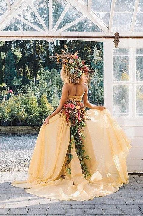 Chic Two Pieces Yellow Long Country Wedding Dresses With Lace, Cheap Prom Dresses SRS15508