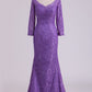 Purple Mother Of The Bride Dresses V Neck 3/4 Length Sleeve Mermaid Lace Floor Length