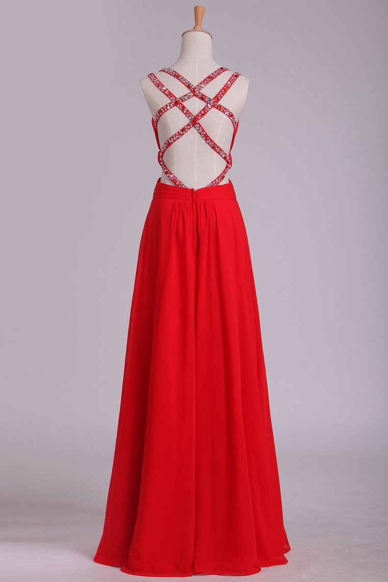 Red A Line Prom Dresses Spaghetti Straps Open Back With Ruffles And Beads Chiffon