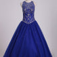 2024 Dark Royal Blue Scoop Quinceanera Dresses Ball Gown Tulle With Beading Court Train