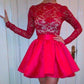 High Neckline Long Sleeves Red Lace Top Short Prom Dresses, Homecoming Dresses SRS15237