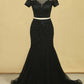 Black Two Pieces Scoop Short Sleeves Mermaid Prom Dresses With Beading Tulle