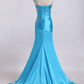 Mermaid Strapless Elastic Satin With Beadings Prom Dresses Sweep/Brush Train