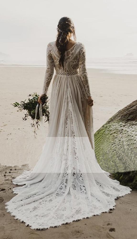 Charming A Line Long Sleeves V Neck Lace Ivory Beach Wedding Dresses, Bridal SJS20395