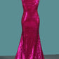 Sequins Mermaid Scoop Prom Dresses With Beading Sweep Train