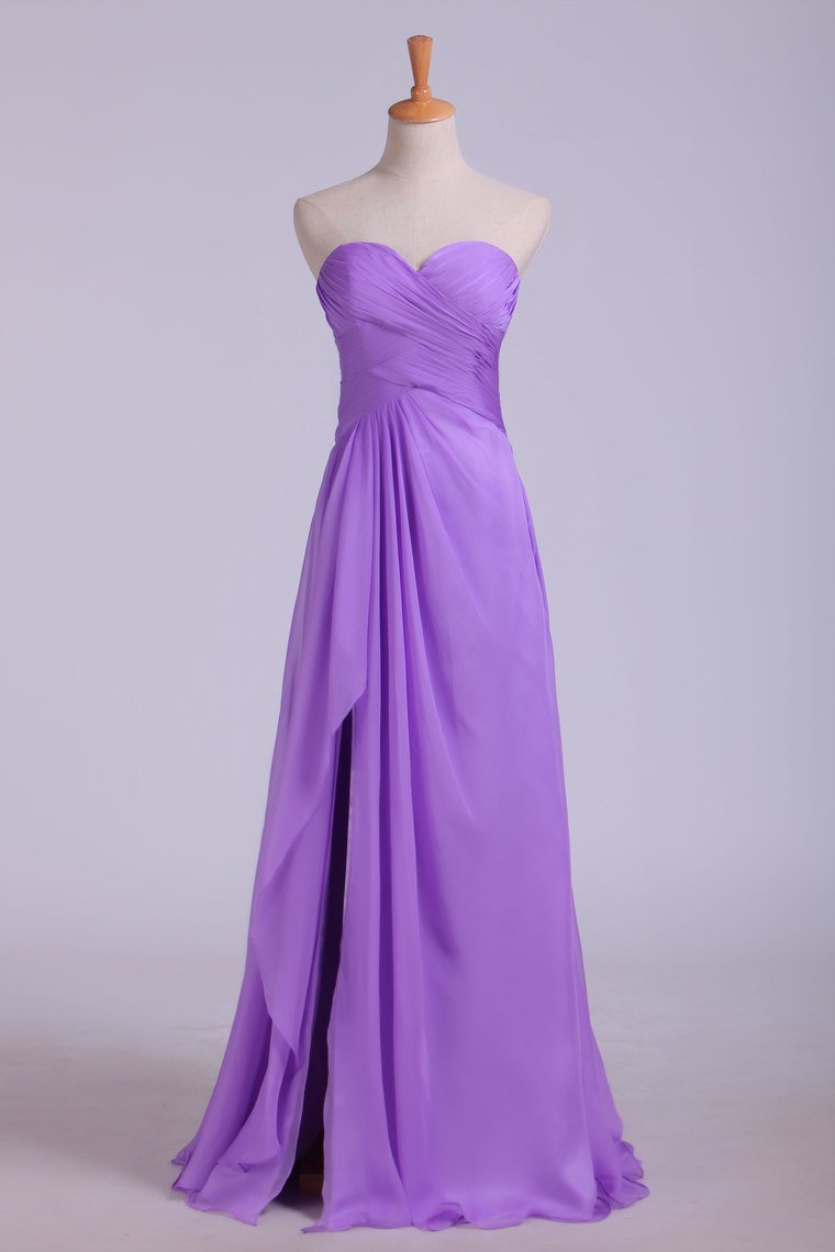 Sweetheart Neckline Chic Dress Pleated Bodice A Line With Slit Chiffon