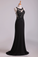 Popular Black Scoop Sheath/Column Prom Dresses With Beading And Applique