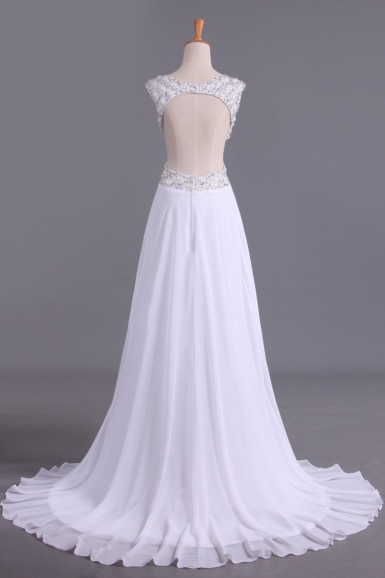 White V-Neck Prom Dresses A Line Chiffon With Beading