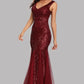 Sexy Burgundy Tulle V Neck Mermaid Sequin Prom Dresses, Evening Party Dresses SRS15332