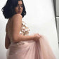 Elegant A-Line Spaghetti Straps Long Pearl Pink Appliques V Neck Backless Prom Dresses