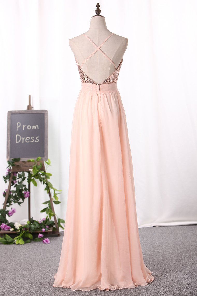New Arrival Sexy Spaghetti Straps Prom Dresses A Line Chiffon With Slit Zipper Up