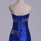 Mermaid Strapless Dark Royal Blue Sweep Train Elastic Satin With Beadings Prom Dresses