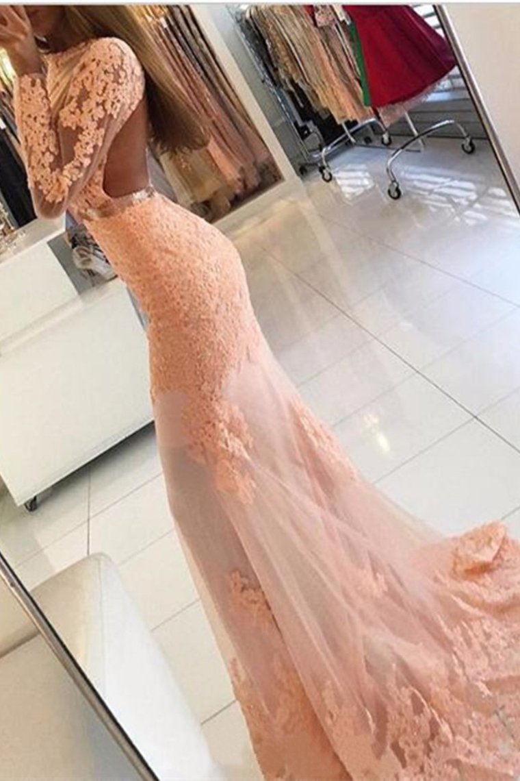 2024 Prom Dresses Mermaid Scoop Long Sleeves With Applique Tulle Sweep Train