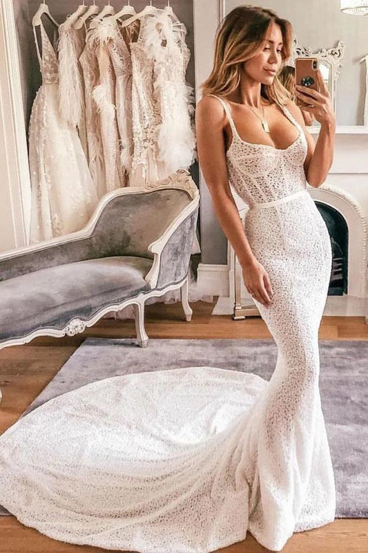 Sexy Mermaid Spaghetti Straps Lace Sweetheart Wedding Dresses, Bridal Dresses SRS15530