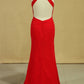 Red Plus Size Scoop Prom Dresses Floor Length Spandex With Beading And Ruffles