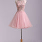 Stunning A Line Short/Mini Prom Dress Tulle With Beaded Lace Bodice Open Back Pink