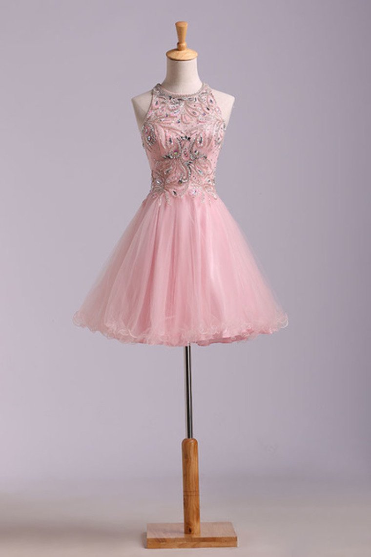 Stunning A Line Short/Mini Prom Dress Tulle With Beaded Lace Bodice Open Back Pink