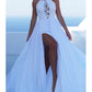 White Backless Long Prom Dress Split Spaghetti Strap Party Maxi Dress