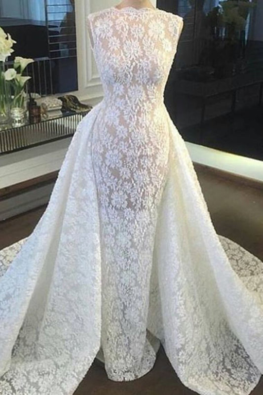 2024 New Arrival Sexy Lace Wedding Dresses Sheath With Detachable Skirt