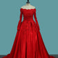 Long Sleeves Satin Ball Gown Off The Shoulder Prom Dresses With Applique Sweep Train
