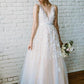 A Line Ivory Lace Long V Neck Beach Wedding Dress with Appliques,Bridal Dresses uk PW232