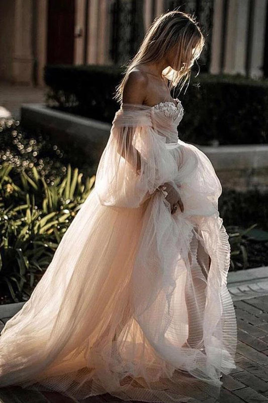 Princess Long Puff Sleeves Off the Shoulder Tulle Wedding Dresses, Beach Wedding Gowns SJS15298
