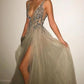 Ball Gown Grey Backless V-Neck Long Tulle Sleeveless Evening Gowns with Sparkle Slit
