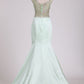 2024 See-Through Scoop Prom Dresses Satin With Beading Sweep Train