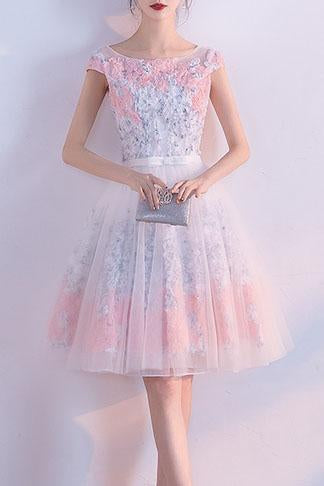 A line Short Appliques Tulle Lace Round neck Knee length Pink Homecoming Dress JS187