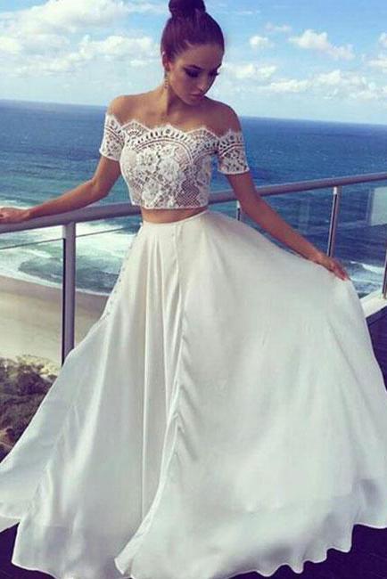 Two Pieces Off-the-Shoulder Ivory Short Sleeve A-Line Long Cheap Prom Dresses JS526