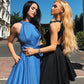 Simple A Line Halter Open Back Satin Blue Short Homecoming Dresses with Pockets JS945