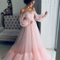 Ball Gown Blue Tulle Prom Dresses Long Sleeve Off the Shoulder Quinceanera Dresses