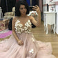Elegant A-Line Spaghetti Straps Long Pearl Pink Appliques V Neck Backless Prom Dresses