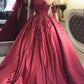 2024 Dark Red Lace Long Sleeve Prom Dress Off-the-Shoulder Ball Gown Quinceanera Dress JS392