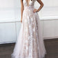 A-Line/Princess V-neck Floor-Length Tulle Sleeveless Applique Dresses DEP0001449