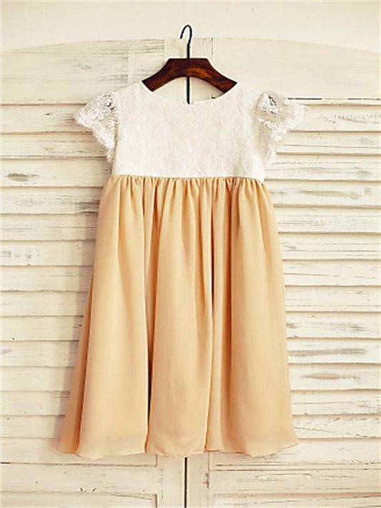 A-line/Princess Scoop Short Sleeves Tea-Length Chiffon Flower Girl Dresses DEP0007838
