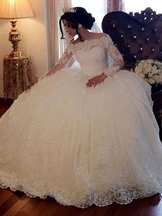 Ball Gown Bateau Long Sleeves Floor-Length Lace Wedding Dresses DEP0005988